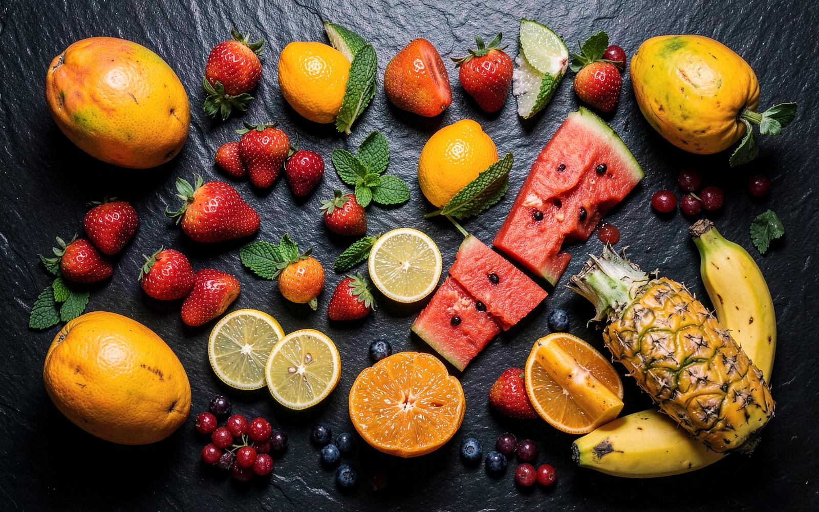 Fresh mangoes, strawberries, oranges, lemons, mint, watermelon, pineapple, bananas and berries