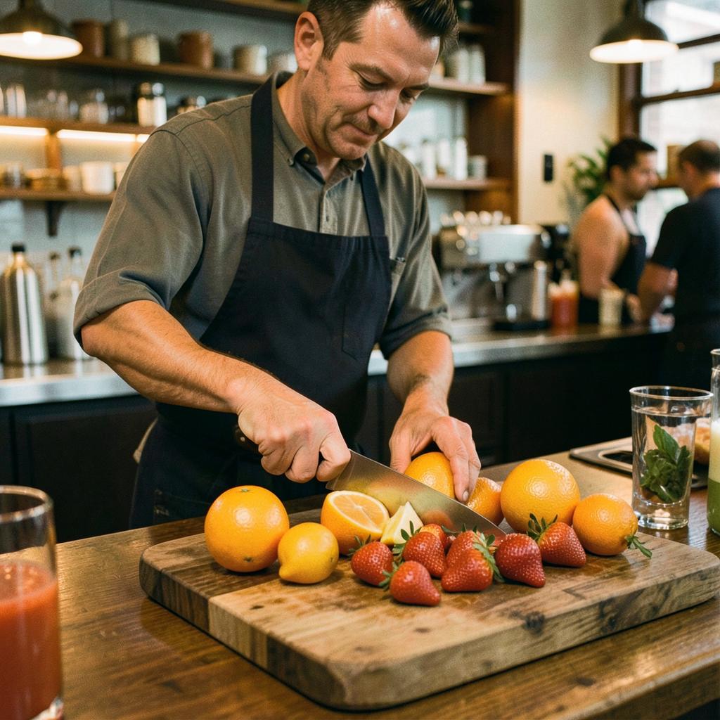 Fresh fruit being sliced at the juice bar
