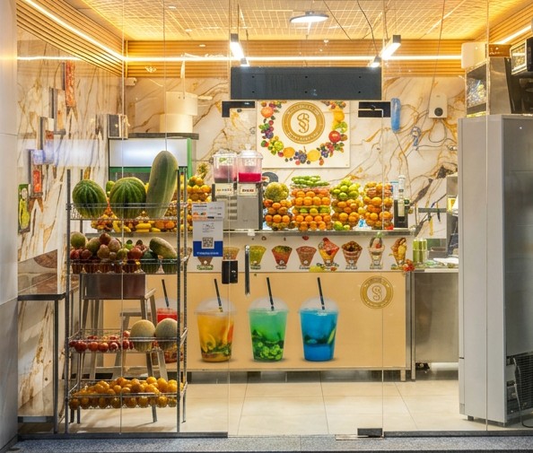 The Shabibi Juice counter with fresh fruit on display